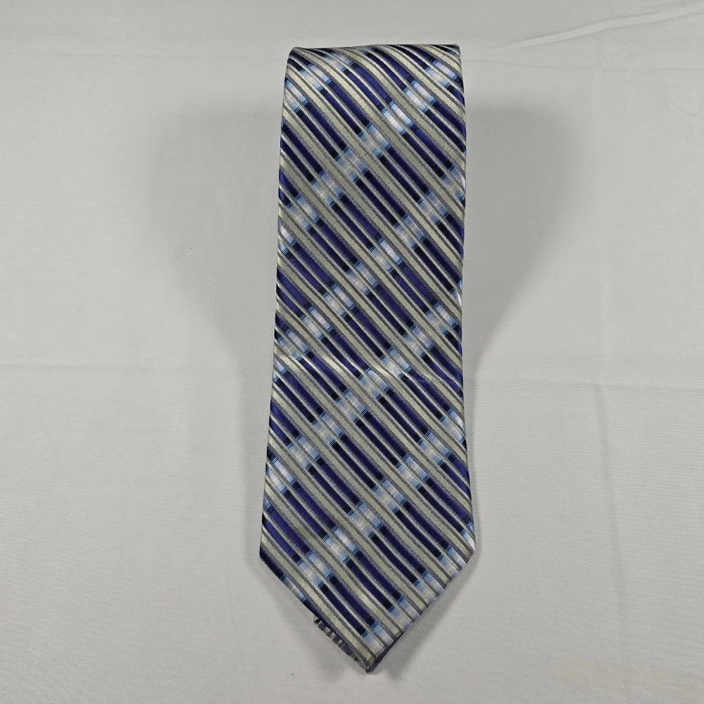Corsicano Mens Blue Silver Striped Microfiber Handmade Necktie Classic Tie